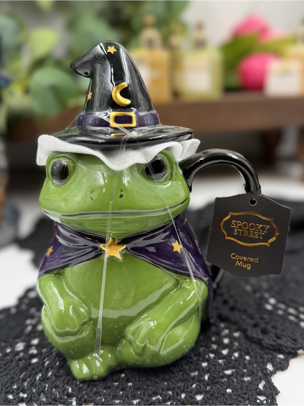 Green Frog Witch Covered Mug